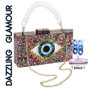 Colorful Confetti Eye Design Acrylic Clutch Crossbody Bag Bonus Earrings NWT